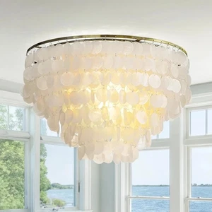 Coastal Natural Capiz Shell Tiered Flush Mount Ceiling Light with Antique Gol... - Picture 1 of 9