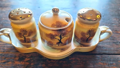 Noritake 5 pc. Set Salt Pepper Mustard Jar Tray “Tree In The Meadow” Vtg *chip - Image 1 of 4