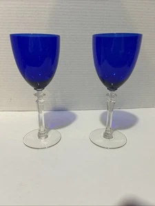 Vintage Antik 7,75" Blau Klar Depression Elegant Glas Kelch Stiel 2er Set - Bild 1 von 3