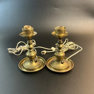 2 Vtg Brass Table Lamps Set Pair Candlestick Trophy MCM Shabby Chick Farmhouse - Picture 1 of 12