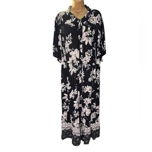 Woman Within Bloom Floral Maxi Shirtdress Crinkle Boho Button Front Black 28W - Picture 1 of 6