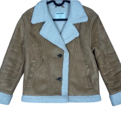 Chaqueta de gamuza sintética azul marino antigua para niñas grande 10/12 color tostado crema forrada de sherpa Foto 1 de 4