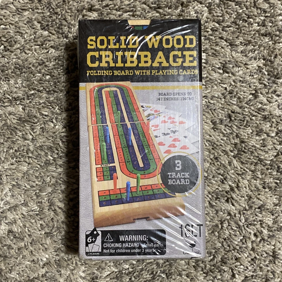 Solid Wood 3 Track Cribbage Set New in Metal Tin with Cards, Pegs - Image 1 of 1