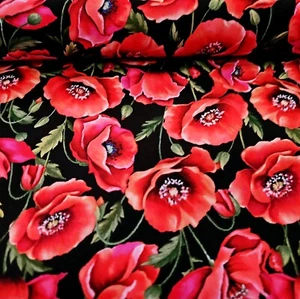 1/2 Yd Michael Miller Flaming Flowers Cotton Fabric Poppy Bolt End - Picture 1 of 3