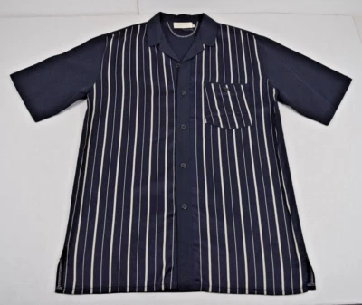 Vintage Shirt Leye Size M/L 70s 2 tone Navy Blue Cream Stripes Button Front - Image 1 of 4