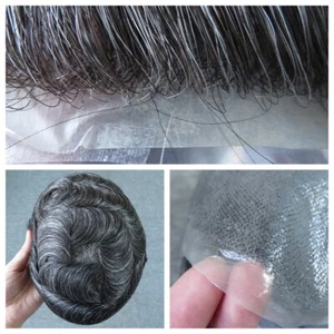 Mens Hair Replacement System Toupee 0.05mm Thin Skin Human Hairpieces BIO #1B30 - Picture 1 of 7