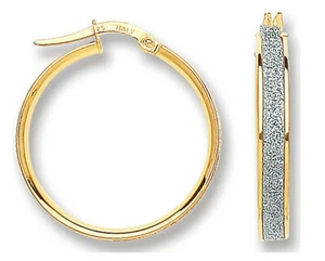 PAIR OF 9CT HALLMARKED YELLOW GOLD MOONDUST INLAID 25MM ROUND HOOP EARRINGS - Picture 1 of 6