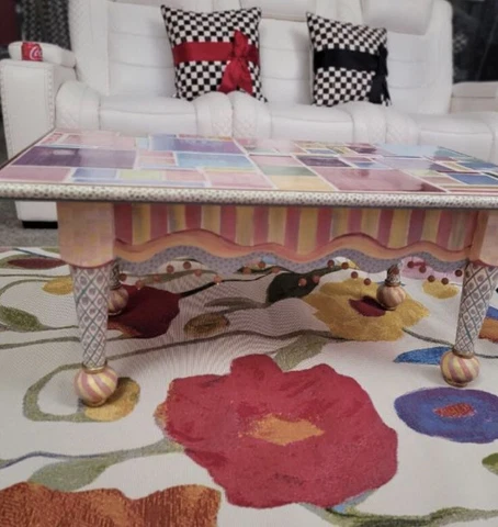 MacKenzie Childs Tile Table With Carved Wood Legs Cover