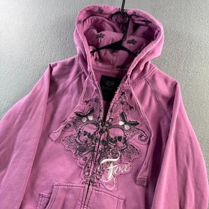 Vintage Fox Racing Hoodie Girls Youth Large Pink Full Zip Y2K Embroidered Skull - Picture 1 of 16