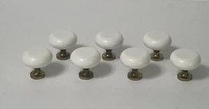Round White Ceramic Knobs Brass Base Drawer Cabinet Furniture 7 Pcs - Picture 1 of 10