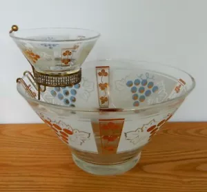 Vtg MCM grapes & leaves chip & dip bowl set Anchor Hocking gold tone w/ stand - Picture 1 of 10