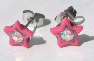 Glittery *Pink Stars Crystal* mini pink star stud earrings with AB crystal - Picture 1 of 11
