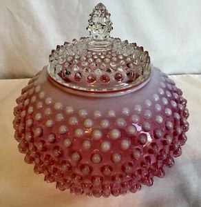 Vintage Fenton art glass cranberry opalescent hobnail large lidded jar - Picture 1 of 3