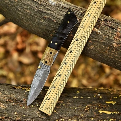 Handmade Damascus Folding Blade Pocket Knife Tactical Ram Horn Handle Hunting - Image 1 of 4