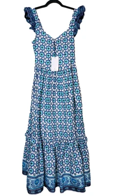 New LUCKY BRAND Womens XL Maxi Dress Long Printed Blue Tiered Ruffle Puff Sleeve - Image 1 of 4