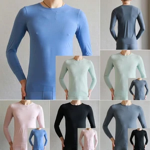 Camisetas informales para hombre otoño sin costuras seda hielo manga larga cuello redondo redondo - Imagen 1 de 28
