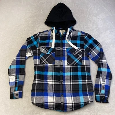 AEROPOSTALE Plaid Flannel Hoodie Shirt Jacket Blue Black S/P Sherpa Lined - Image 1 of 4