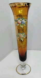 Vintage Blown Glass Amber Bud Vase W/Gold Trim, Hand Painted Flowers Clear Stem - Picture 1 of 7