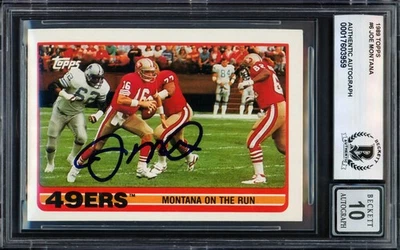 Tarjeta Topps firmada por Joe Montana 1989 6 San Francisco 49ers automática GM 10 Beckett Foto 1 de 2