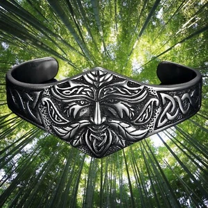 Celtic Green Man Bracelet Silver Stainless Steel Wicca Pagan Nature Spirit Cuff - Picture 1 of 7