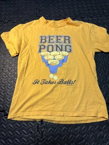 Beer Pong “it Takes Balls” Yellow Short Sleeve Tee Shirt - Picture 1 of 6