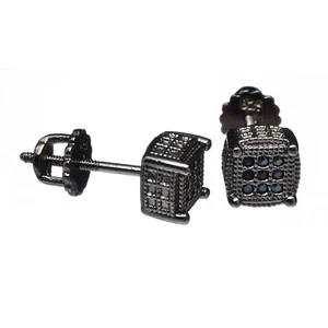 3D Oval Square Screw Back Hip Hop Earrings Pave Black CZ Hand Set 977 3T - Picture 1 of 3