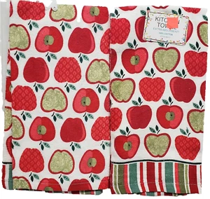 Set of 2 Same Printed Cotton Kitchen Terry Towels (16"x26") RAWS OF APPLES, AM - Picture 1 of 19