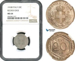 AH408, Italy, Vit. Emanuele III, 20 Centesimi 1918 R, Reeded Edge, NGC MS64 - Picture 1 of 1