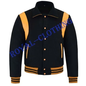 Varsity Letterman Bomber Baseball Jacket Black Wool Gold Leather Stripes - Picture 1 of 5