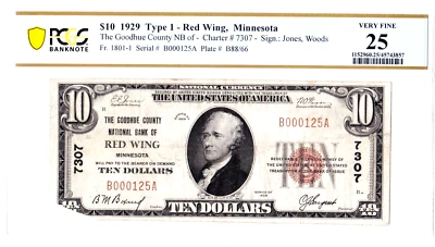 $10 1929 T1 National RED WING Minnesota MN 🇺🇸 Rarer! 🇺🇸 PCGS 25 Very Fine! - Image 1 of 2