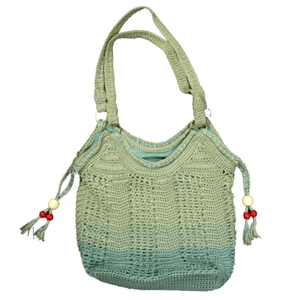 The Sak Crochet Hobo Shoulder Bag Lined Wooden-Bead-Tassels 2-Tone Blue 11x11 - Picture 1 of 24