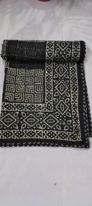 Indian Hand Block Black Twin Size Cotton Kantha Quilt Throw Blanket Bedspread - Picture 1 of 9