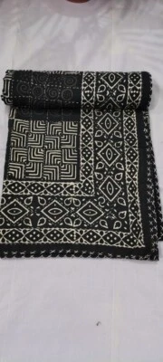 Indian Hand Block Black Twin Size Cotton Kantha Quilt Throw Blanket Bedspread - Image 1 of 4