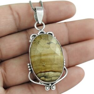 Mothers Day Gift 925 Sterling Silver Natural Picture Jasper Pendant Vintage B7