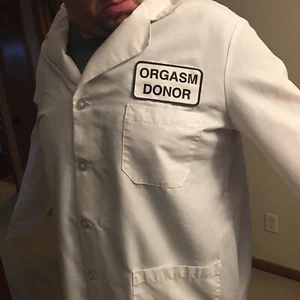 HALLOWEEN Gag White Lab Coat " ORGASM DONOR" Costume Chest 48” Cosplay - Picture 1 of 11