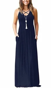 Women's Sleeveless Racerback Loose Plain Maxi Casual Long Dress w/Pockets Blue M - Picture 1 of 1
