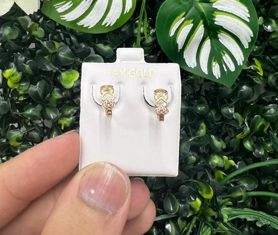 Heart CZ Hoop Huggies Earrings 14K Gold Womens Gifts New Argollas Mujer - Image 1 of 4