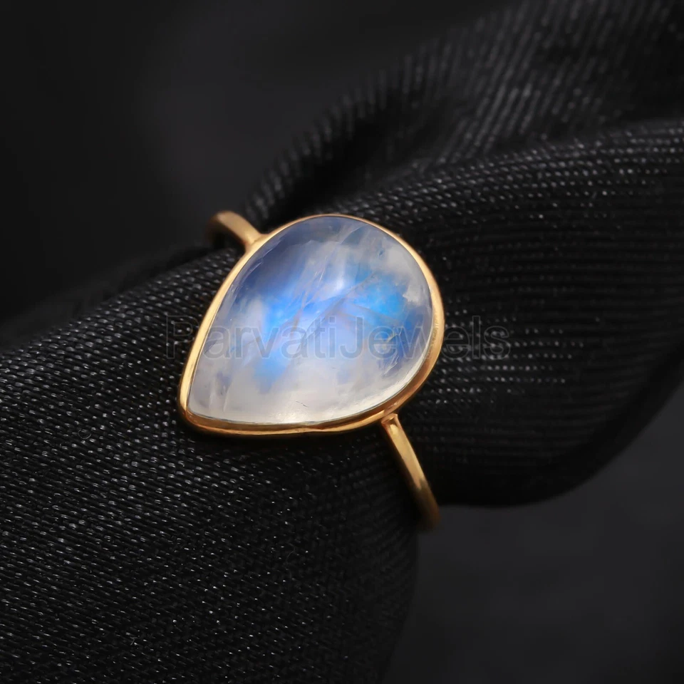 Anillo de regalo de aniversario de oro macizo de 18 quilates con piedras preciosas de luna arco iris natural para mujer Foto 1 de 4