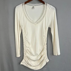LAST TANGO Ivory Long Sleeve Womens Shirt Rouched Side Lave Trim Neck S/M Y2K - Picture 1 of 7
