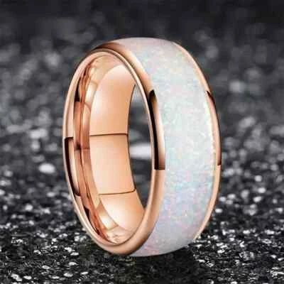 8MM Tungsten Carbide Ring Band Dome Polished Pink Opal Inlay Men Women Ring - Image 1 of 4