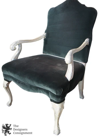 French Provincial Chic Armchair Green Velvet Louis XV Country Style Vintage Cover