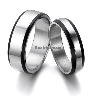 Black Edge Silver Tone Stainless Steel Couples Ring Wedding Band Lovers Gifts - Image 1 of 4