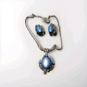 Halskette & Ohrringe antik viktorianisch blau leuchtendes Glas um 1890  - Bild 1 von 7