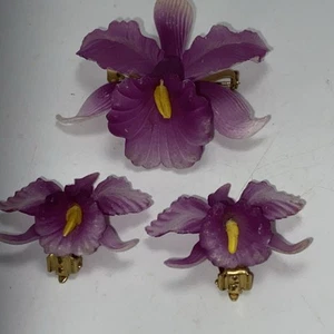 West Germany 1940's Purple Orchid Brooch/Pin & Earrings Set B10F - Picture 1 of 10