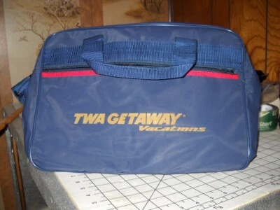 TWA Airlines Blue Vinyl Shoulder Carry On Bag Vintage Getaway Vacations - Image 1 of 4