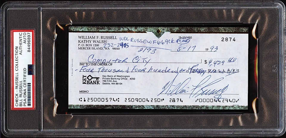 1993 Bill Russell Signed Autographed Personal Check Celtics Encapsulated PSA/DNA - Image 1 of 1