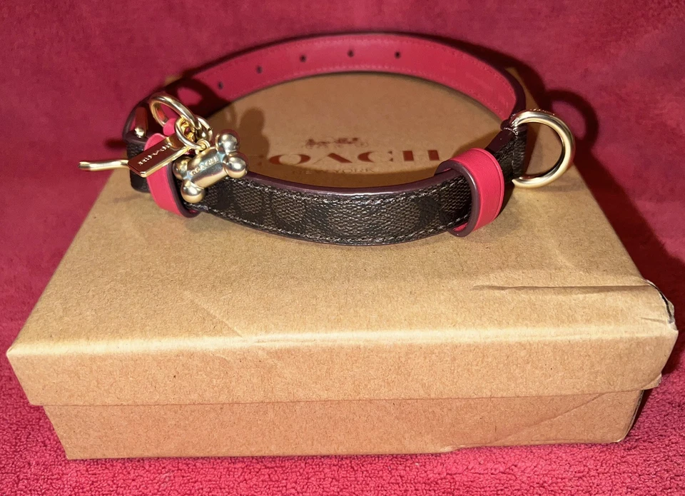 COACH Small Dog Collar With Bone Charm Crossgrain Brown Black Red Apple