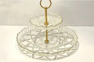 Bandeja de servidor Mikasa Crystal Hampshire Gold 2 niveles borde dorado vidrio Tidbit - Imagen 1 de 1