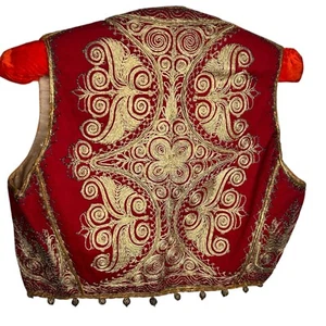 Antique Ottoman Embroidered Waistcoat red Gold Yelek Bodice Vest Childs XS adult - Picture 1 of 10