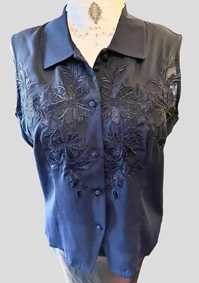 Vintage Blouse 80s Embroidery Chiffon Sleeveless Button Up Goth Regency Boho  M - Image 1 of 4
